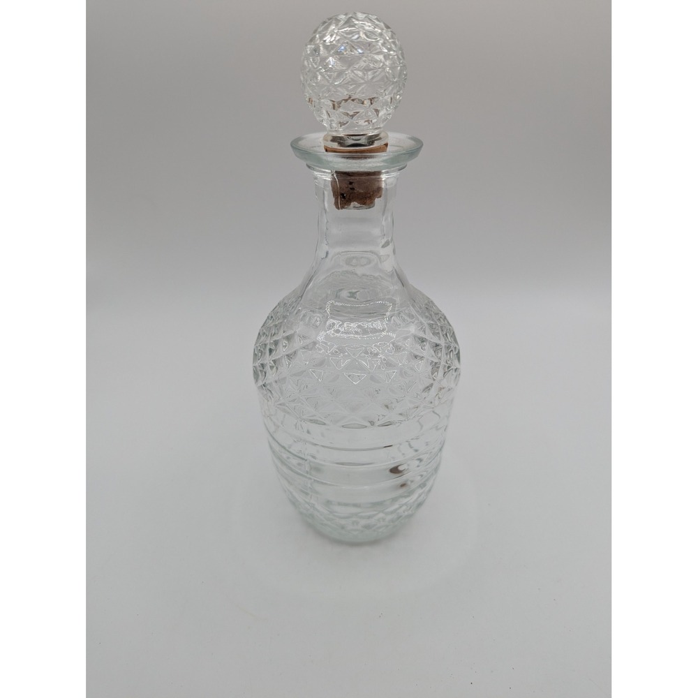 Vintage Clear Glass Diamond Cut Ribbed Decanter with Faceted Cork‎ Stopper 9"